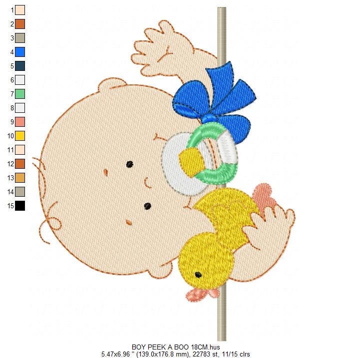 Peek a boo Baby boy embroidery designs - Newborn baby with pacifier and rubber duck machine embroidery pattern - Instant digital download