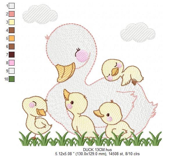 Ducks with grass embroidery design - Duck mama with babies machine embroidery pattern - animal family file - Instant digital download pes