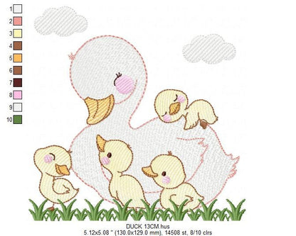 Ducks with grass embroidery design - Duck mama with babies machine embroidery pattern - animal family file - Instant digital download pes