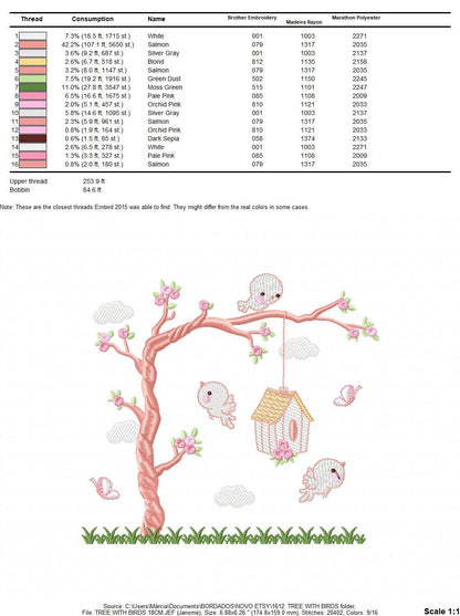 Bird embroidery designs - Bird House machine embroidery pattern - Baby girl embroidery file - Birds with tree - Instant download pes jef dst