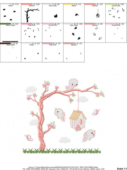 Bird embroidery designs - Bird House machine embroidery pattern - Baby girl embroidery file - Birds with tree - Instant download pes jef dst
