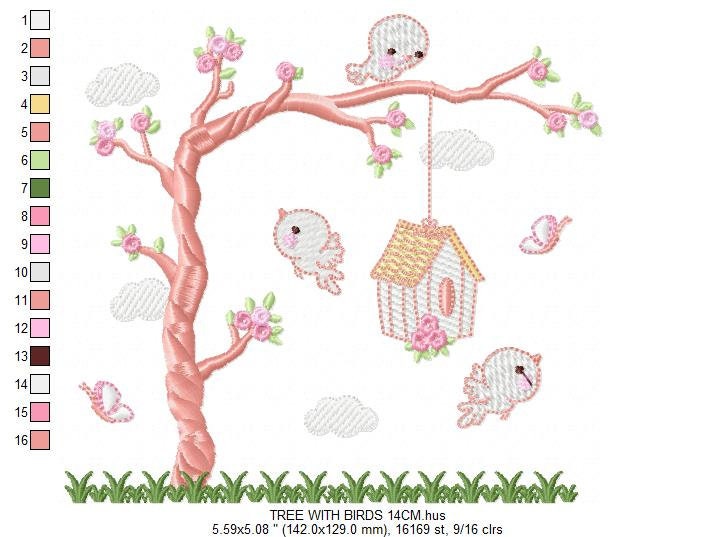 Bird embroidery designs - Bird House machine embroidery pattern - Baby girl embroidery file - Birds with tree - Instant download pes jef dst