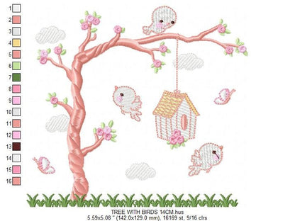 Bird embroidery designs - Bird House machine embroidery pattern - Baby girl embroidery file - Birds with tree - Instant download pes jef dst