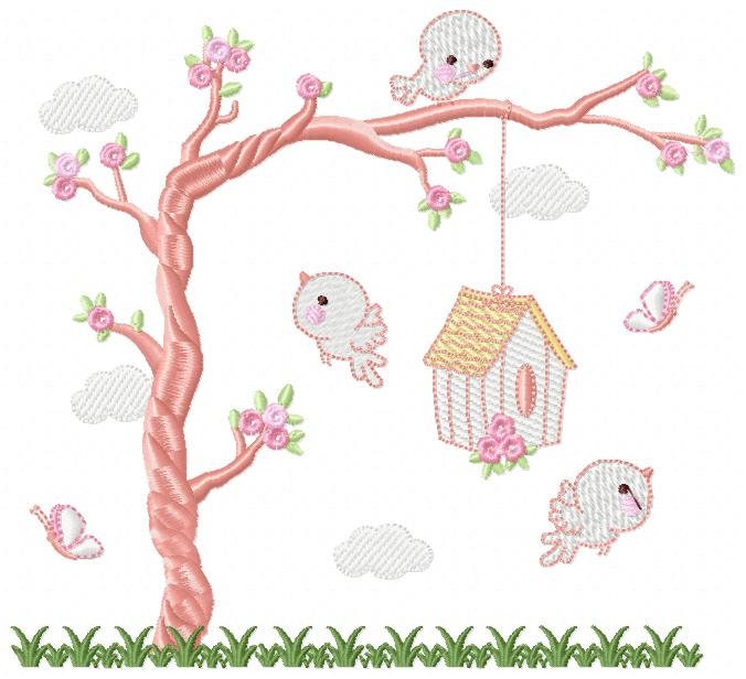 Bird embroidery designs - Bird House machine embroidery pattern - Baby girl embroidery file - Birds with tree - Instant download pes jef dst