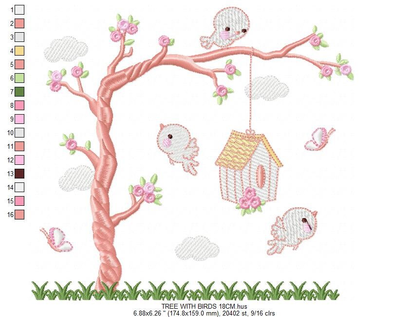 Bird embroidery designs - Bird House machine embroidery pattern - Baby girl embroidery file - Birds with tree - Instant download pes jef dst