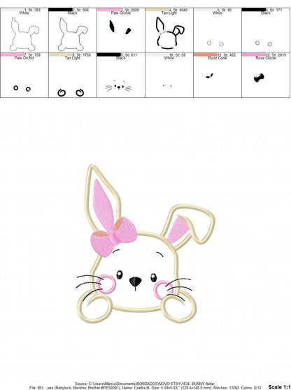 Bunny face with lace embroidery design - Rabbit applique machine embroidery pattern - Baby girl file - Instant digital download pes jef dst