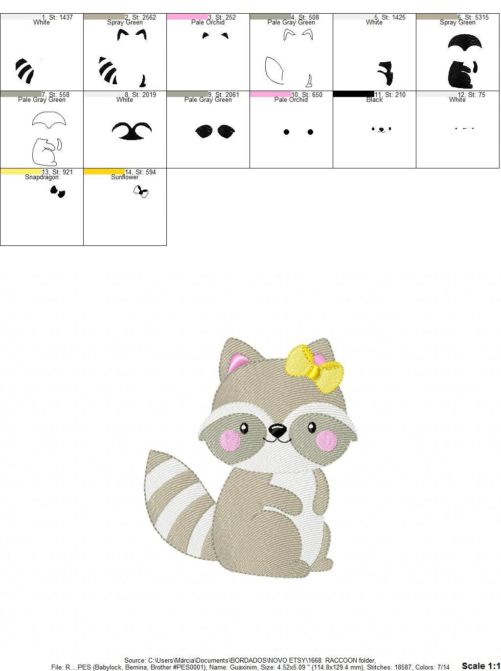 Female Raccoon with lace embroidery designs - Woodland Animal Girl embroidery design machine embroidery pattern -  instant download pes jef Marcia Embroidery