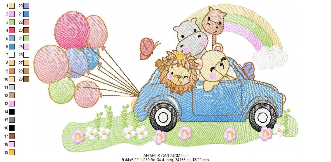 Safari animals in a car embroidery designs - Wild Animals with rainbow and balloons machine embroidery pattern - Lion elephant giraffe hippo