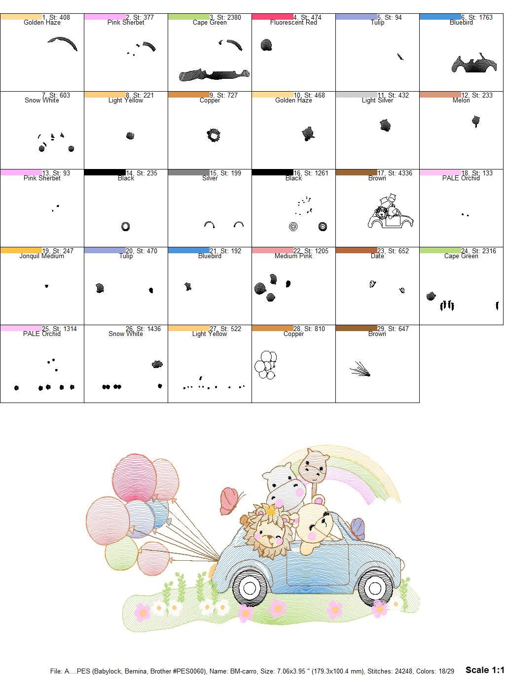 Safari animals in a car embroidery designs - Wild Animals with rainbow and balloons machine embroidery pattern - Lion elephant giraffe hippo