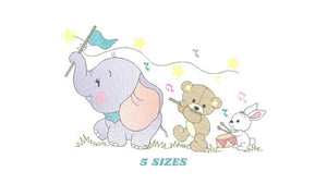 Animal band embroidery designs - Musical animals embroidery design machine embroidery pattern -  Elephant embroidery file - Bear and Rabbit