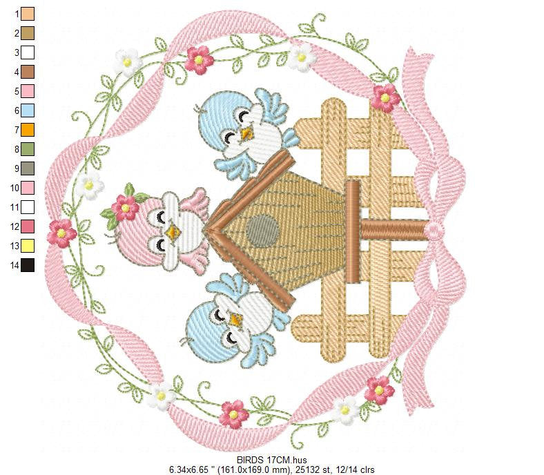 Birds with flower frame embroidery designs - Birdhouse machine embroidery pattern - Family love bird Kitchen towel file - Instant download