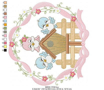 Birds with flower frame embroidery designs - Birdhouse machine embroidery pattern - Family love bird Kitchen towel file - Instant download