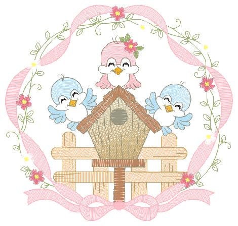 Birds with flower frame embroidery designs - Birdhouse machine embroidery pattern - Family love bird Kitchen towel file - Instant download