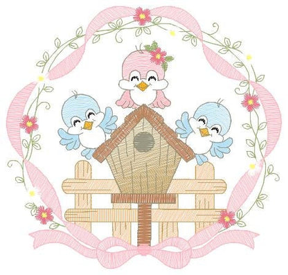 Birds with flower frame embroidery designs - Birdhouse machine embroidery pattern - Family love bird Kitchen towel file - Instant download