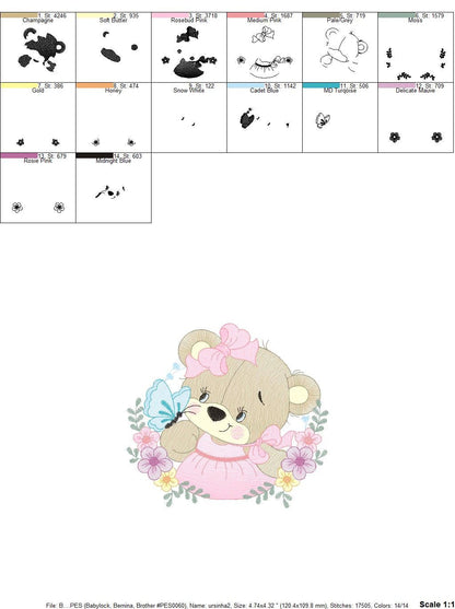Female Bear embroidery designs - Baby girl embroidery design machine embroidery pattern - Bear with butterfly embroidery file - digital file