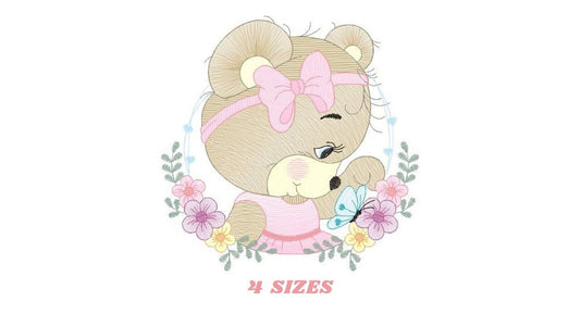 Female Bear embroidery designs - Baby girl embroidery design machine embroidery pattern - Bear with butterfly embroidery file - digital file