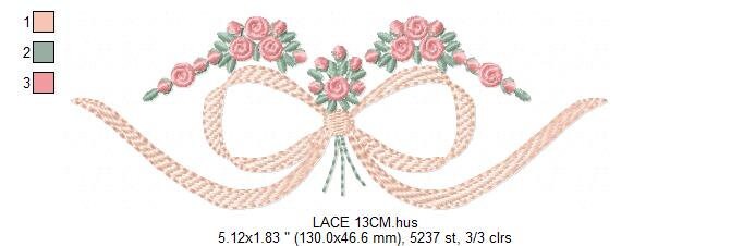 Lace with flowers embroidery designs - Bow Tie machine embroidery pattern - Baby girl file - Instant digital download pes jef dst hus vp3