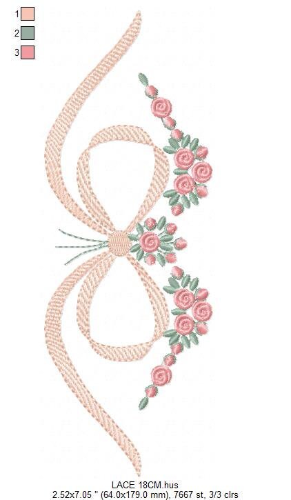 Lace with flowers embroidery designs - Bow Tie machine embroidery pattern - Baby girl file - Instant digital download pes jef dst hus vp3
