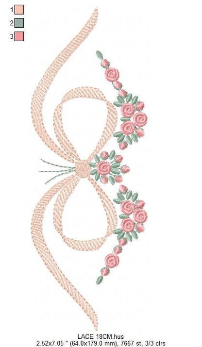 Lace with flowers embroidery designs - Bow Tie machine embroidery pattern - Baby girl file - Instant digital download pes jef dst hus vp3