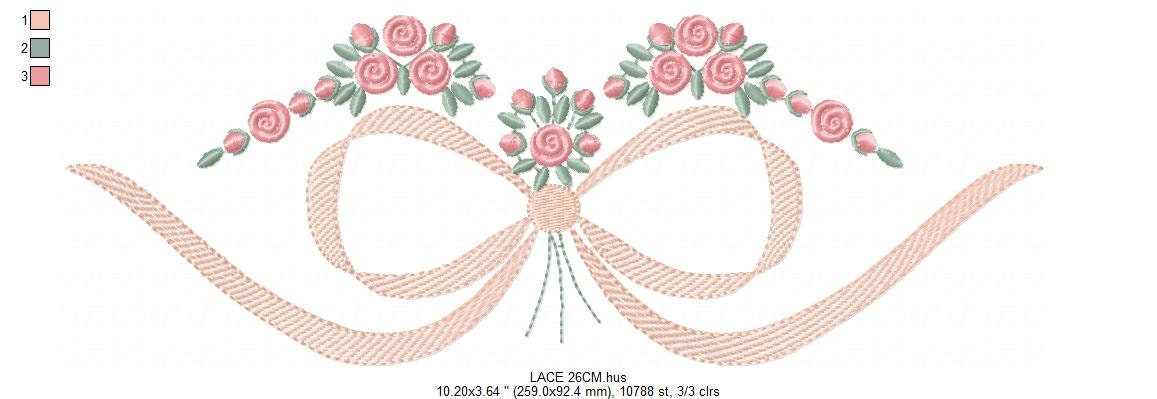 Lace with flowers embroidery designs - Bow Tie machine embroidery pattern - Baby girl file - Instant digital download pes jef dst hus vp3