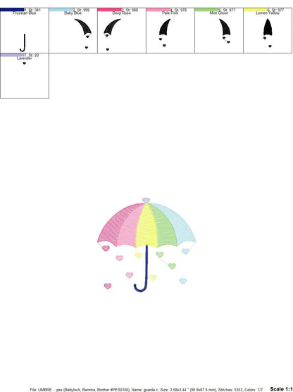 Umbrella with hearts embroidery designs - Colorful Rainbow Umbrella machine embroidery pattern - Baby girl file - Instant download pes jef