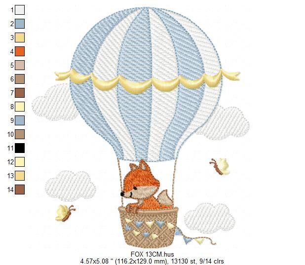 Fox embroidery designs - Hot air balloon embroidery design machine embroidery pattern - Animal embroidery file - woodland animals download