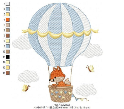 Fox embroidery designs - Hot air balloon embroidery design machine embroidery pattern - Animal embroidery file - woodland animals download