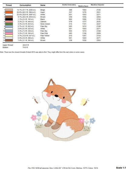Fox embroidery designs - Red Fox with flowers and butterflies machine embroidery pattern - Baby boy woodland Animal file - Instant download