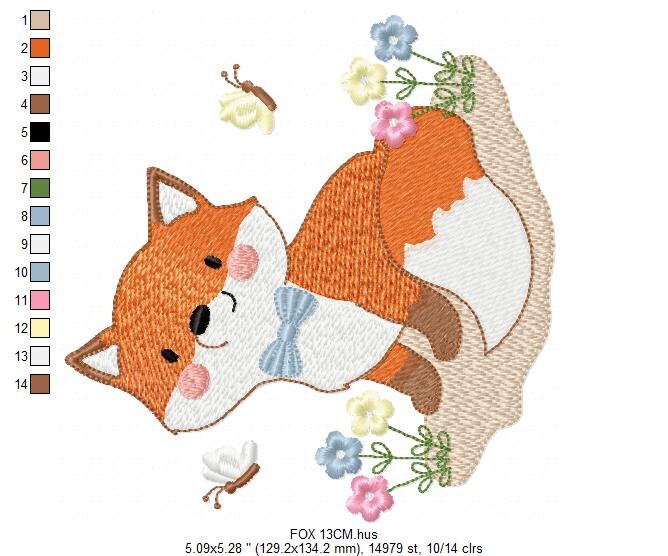Fox embroidery designs - Red Fox with flowers and butterflies machine embroidery pattern - Baby boy woodland Animal file - Instant download