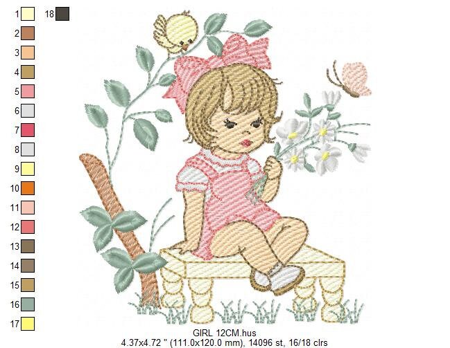 Girl embroidery designs - Flower girl embroidery design machine embroidery pattern - girl with flowers embroidery file butterfly embroidery Marcia Embroidery
