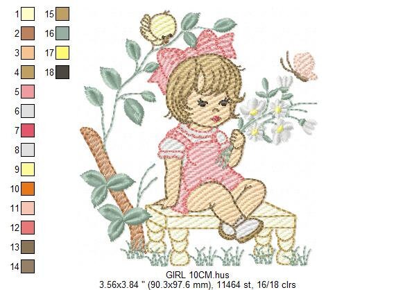 Girl embroidery designs - Flower girl embroidery design machine embroidery pattern - girl with flowers embroidery file butterfly embroidery Marcia Embroidery
