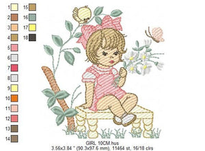 Girl embroidery designs - Flower girl embroidery design machine embroidery pattern - girl with flowers embroidery file butterfly embroidery