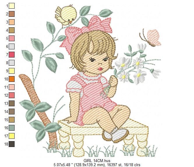 Girl embroidery designs - Flower girl embroidery design machine embroidery pattern - girl with flowers embroidery file butterfly embroidery Marcia Embroidery