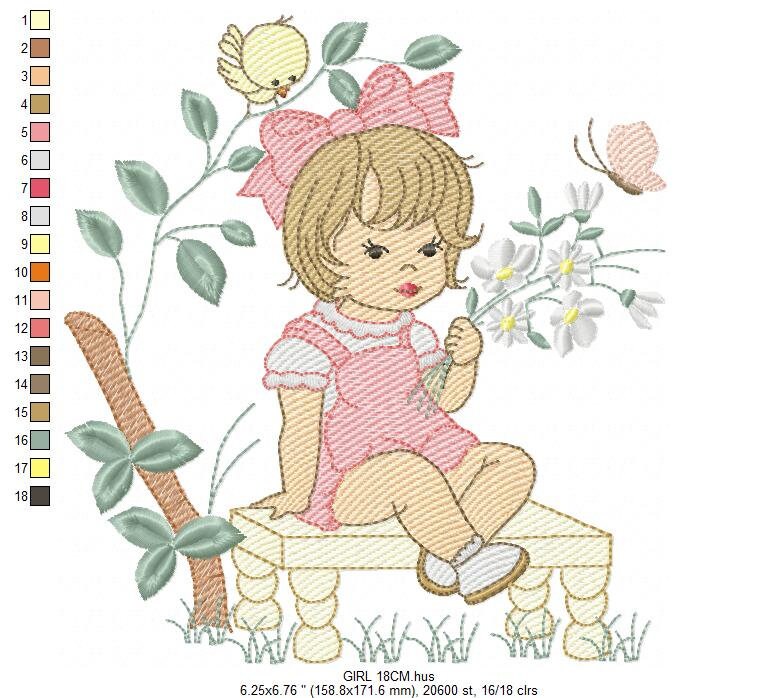 Girl embroidery designs - Flower girl embroidery design machine embroidery pattern - girl with flowers embroidery file butterfly embroidery Marcia Embroidery