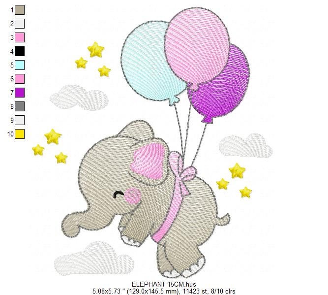 Elephant embroidery designs - Safari wild animal with balloons machine embroidery pattern - Elephant with balloons - Instant download pes