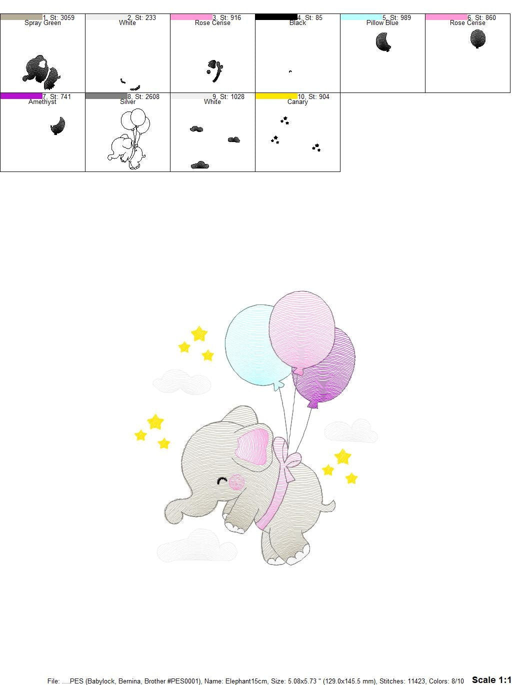 Elephant embroidery designs - Safari wild animal with balloons machine embroidery pattern - Elephant with balloons - Instant download pes