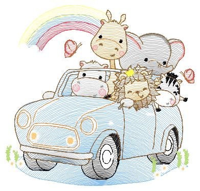 Safari animals in a car embroidery designs - Giraffe Zebra Lion Hippo Elephant machine pattern - Baby boy and girl file - Instant download