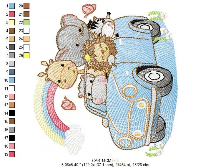 Safari animals in a car embroidery designs - Giraffe Zebra Lion Hippo Elephant machine pattern - Baby boy and girl file - Instant download