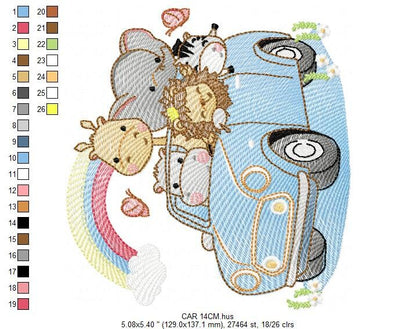 Safari animals in a car embroidery designs - Giraffe Zebra Lion Hippo Elephant machine pattern - Baby boy and girl file - Instant download