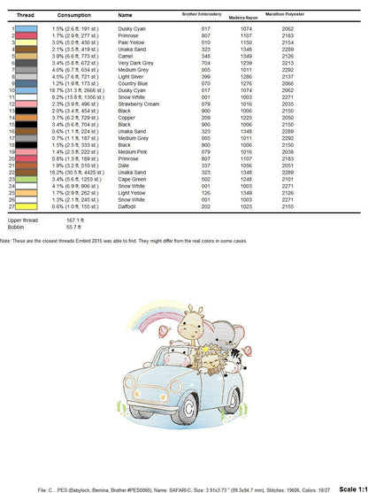 Safari animals in a car embroidery designs - Giraffe Zebra Lion Hippo Elephant machine pattern - Baby boy and girl file - Instant download