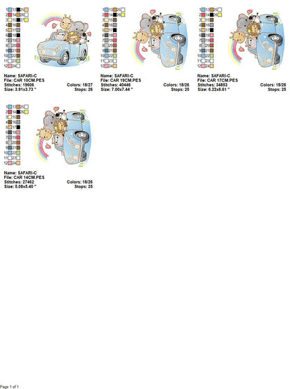 Safari animals in a car embroidery designs - Giraffe Zebra Lion Hippo Elephant machine pattern - Baby boy and girl file - Instant download