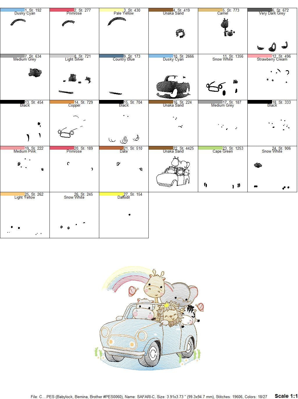 Safari animals in a car embroidery designs - Giraffe Zebra Lion Hippo Elephant machine pattern - Baby boy and girl file - Instant download