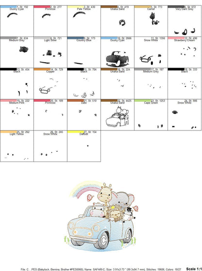 Safari animals in a car embroidery designs - Giraffe Zebra Lion Hippo Elephant machine pattern - Baby boy and girl file - Instant download