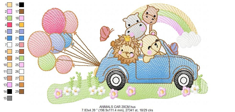 Safari animals in a car embroidery designs - Wild Animals with rainbow and balloons machine embroidery pattern - Lion elephant giraffe hippo