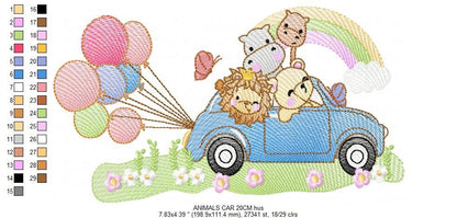 Safari animals in a car embroidery designs - Wild Animals with rainbow and balloons machine embroidery pattern - Lion elephant giraffe hippo