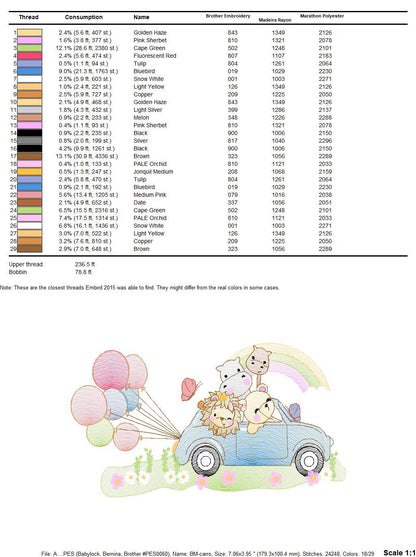 Safari animals in a car embroidery designs - Wild Animals with rainbow and balloons machine embroidery pattern - Lion elephant giraffe hippo