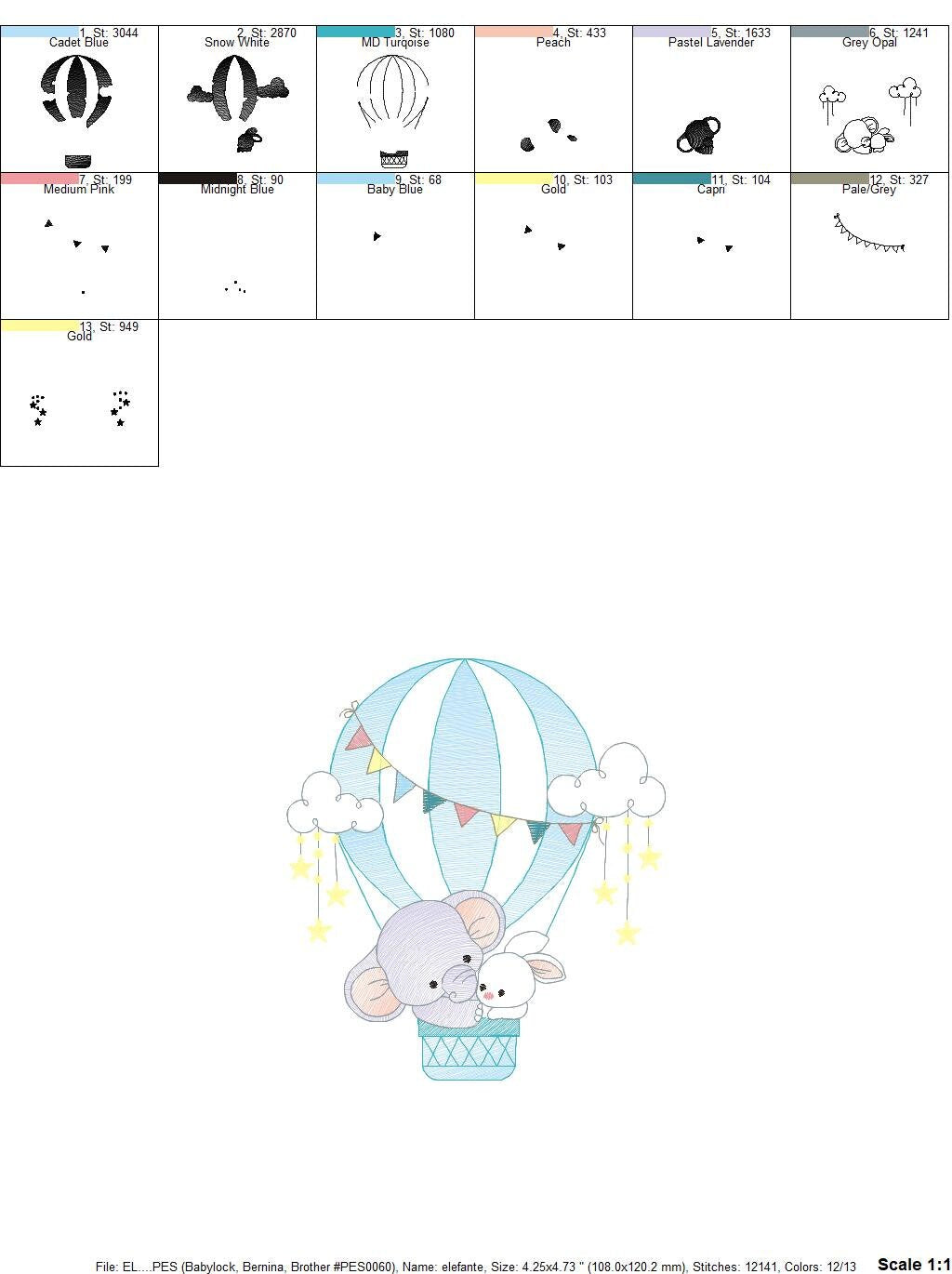 Elephant embroidery designs - Hot air balloon embroidery design machine embroidery pattern - Safari embroidery file - lnstant download pes