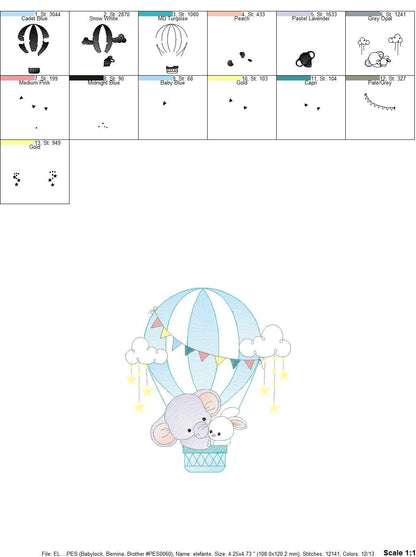 Elephant embroidery designs - Hot air balloon embroidery design machine embroidery pattern - Safari embroidery file - lnstant download pes