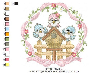 Birds with flower frame embroidery designs - Birdhouse machine embroidery pattern - Family love bird Kitchen towel file - Instant download