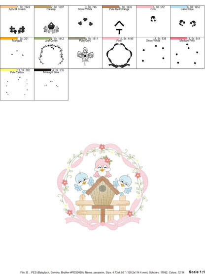 Birds with flower frame embroidery designs - Birdhouse machine embroidery pattern - Family love bird Kitchen towel file - Instant download